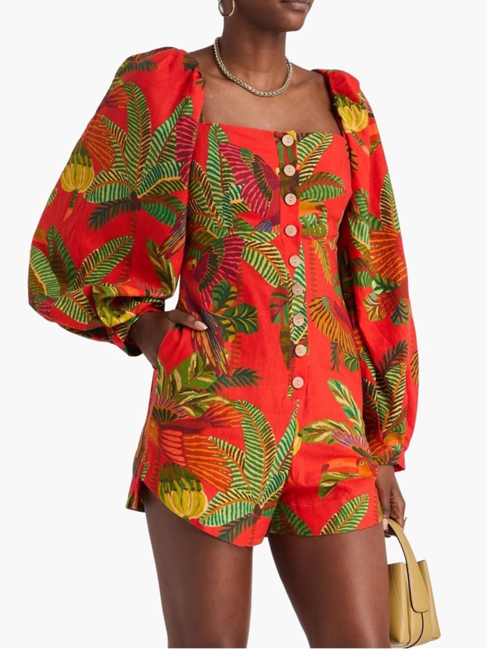 FARM RIO LINEN blend Tropical Birds ROMPER Sz S